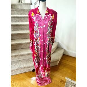 Vintage 90s Batik Pink Thai Floral Print Duster Jacket & Maxi Skirt Kaftan  SET